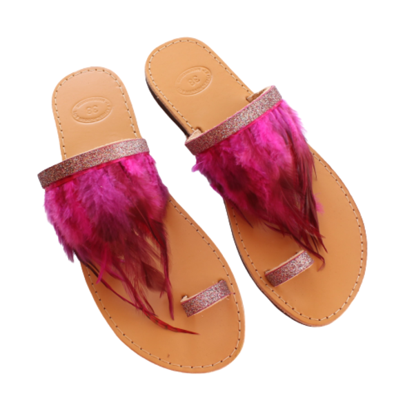 Χειροποίητα γυναικεία δερμάτινα σανδάλια με πούπουλα ροζ - δέρμα, στρας, φτερό, φλατ, slides