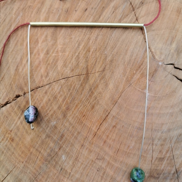 Κολιέ "π" από μπρούντζο / necklace "π" - ημιπολύτιμες πέτρες, κερωμένα κορδόνια, ορείχαλκος, μακριά, minimal - 2