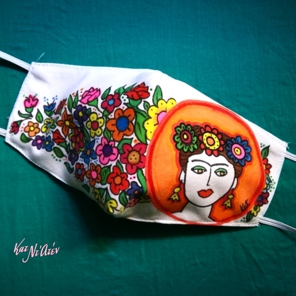 Ζωγραφισμένη μοναδική μάσκα ΦΡΙΝΤΟΥΛΑ με λουλούδια ΧΕΙΡΟΠΟΙΗΤΗ - ύφασμα, ζωγραφισμένα στο χέρι, frida kahlo, μάσκες προσώπου - 4