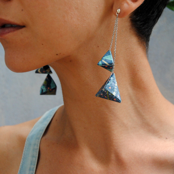 Σκουλαρίκια origami |Triangular Pyramid Blue - statement, μακριά, κρεμαστά, μεγάλα - 3