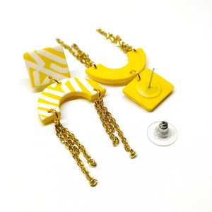 Χειροποίητα σκουλαρίκια κίτρινα με αλυσίδες|Pink Lemon - πηλός, μακριά, κρεμαστά, μεγάλα, faux bijoux - 2