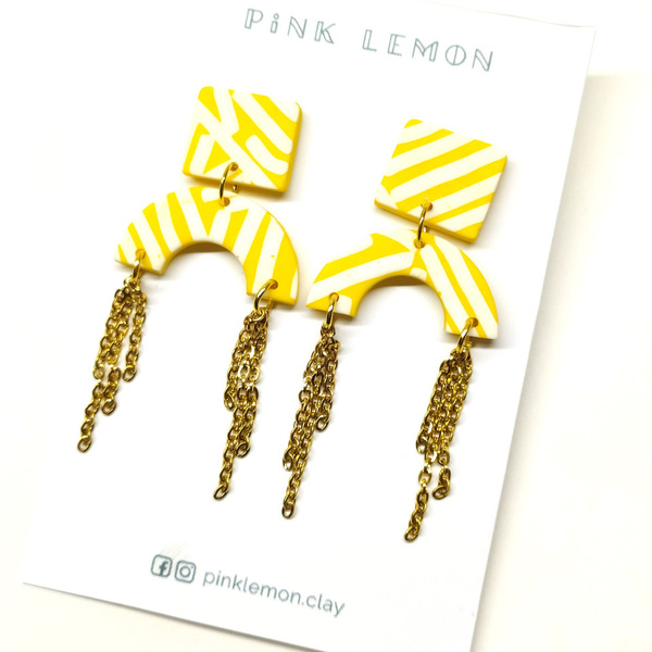 Χειροποίητα σκουλαρίκια κίτρινα με αλυσίδες|Pink Lemon - πηλός, μακριά, κρεμαστά, μεγάλα, faux bijoux - 4