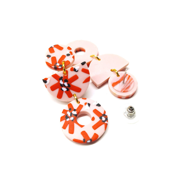 Χειροποίητα σκουλαρίκια ροζ floral 2|Pink Lemon - πηλός, boho, κρεμαστά, faux bijoux - 2