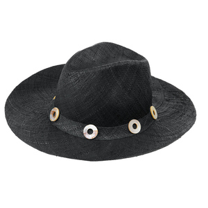 Ψάθινο μαύρο καπέλο κύκλους από κοχύλι - ψάθινα, γεωμετρικά σχέδια, χειροποίητα