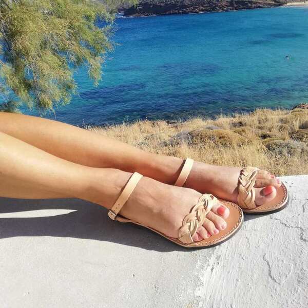 Δερμάτινα γυναικεία σανδάλια. - δέρμα, αρχαιοελληνικό, φλατ, ankle strap - 5