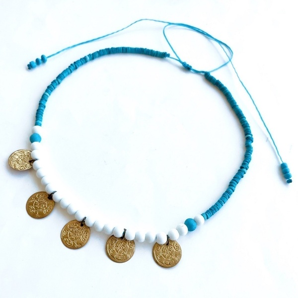 Κολιέ κοντό με Φλουριά Γαλάζιο - χάντρες, κοντά, boho, φλουριά, seed beads - 4