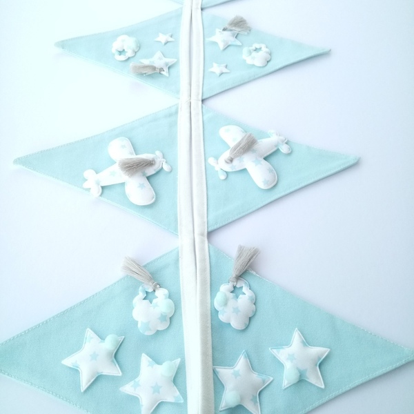 Γαλάζια Σημαιάκια με Αεροπλανάκια Συννεφάκια και Αστέρια από Ύφασμα 2,05μ - αγόρι, αστέρι, γιρλάντες, pom pom - 5