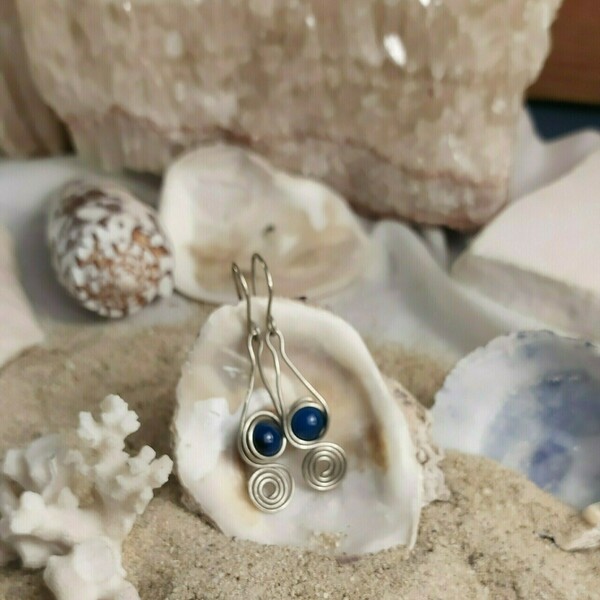 Σκουλαρίκια με σύρμα αρζαντό και μπλε ημιπολύτιμη πετρα* - ασήμι, αλπακάς, πέτρες, κρεμαστά, γάντζος - 4