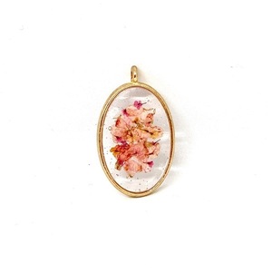 Like Confetti -Orange/Pink Oval - Pressed Flower Necklace - επιχρυσωμένα, λουλούδι, μενταγιόν