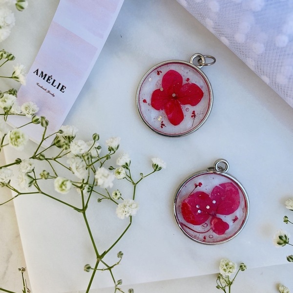 Magic Petals - Red -Pressed Flower Necklace - charms, επάργυρα, μακριά, λουλούδι - 3