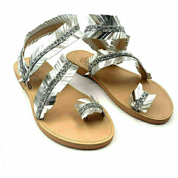 Σανδάλια με Ασημί φτέρα - ankle strap, φλατ, στρας, δέρμα