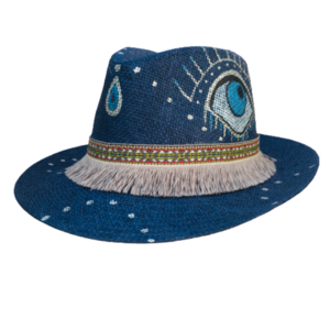 Ψάθινο καπέλο - blue pandora - ζωγραφισμένα στο χέρι, ψάθα, boho, καπέλα, ψάθινα
