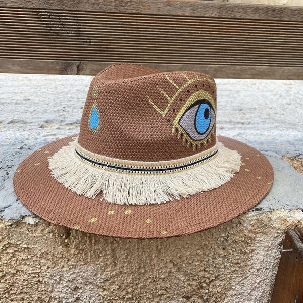 Ψάθινο καπέλο - Brownies - ζωγραφισμένα στο χέρι, ψάθα, απαραίτητα καλοκαιρινά αξεσουάρ, boho, ψάθινα - 2