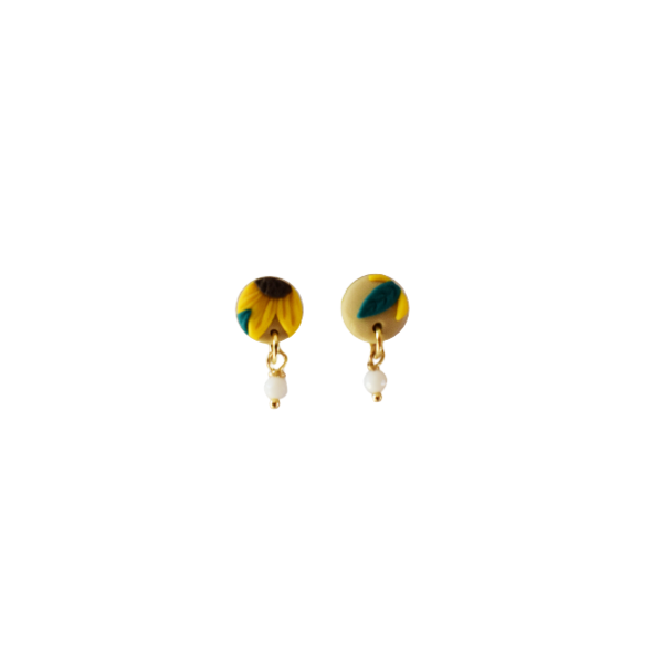 Χειροποίητα μικρά καρφωτά σκουλαρίκια με ηλιοτρόπια- Στρογγυλό minimal με νεφρίτη (2,5εκ.) (ατσάλι) - πηλός, λουλούδι, καρφωτά, μικρά, ατσάλι