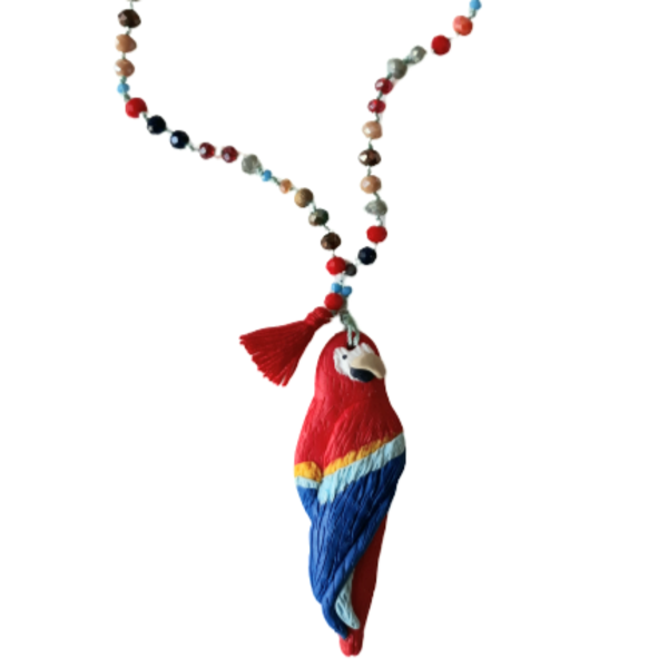 "Macaw rosary"- Χειροποίητο πολύχρωμο ροζάριο με παπαγάλο από πολυμερικό πηλό (48,5εκ.) - ημιπολύτιμες πέτρες, με φούντες, χάντρες, μακριά, ροζάριο