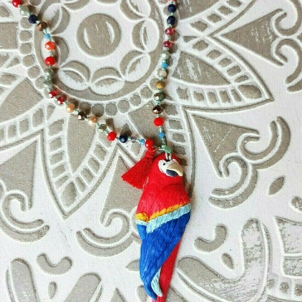 "Macaw rosary"- Χειροποίητο πολύχρωμο ροζάριο με παπαγάλο από πολυμερικό πηλό (48,5εκ.) - ημιπολύτιμες πέτρες, με φούντες, χάντρες, μακριά, ροζάριο - 4