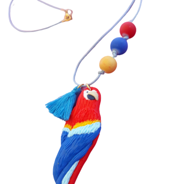 "Macaw necklace"- Χειροποίητο μακρύ κολιέ με παπαγάλο από πολυμερικό πηλό (48,5εκ.) (ατσάλι) - charms, με φούντες, χάντρες, μακριά