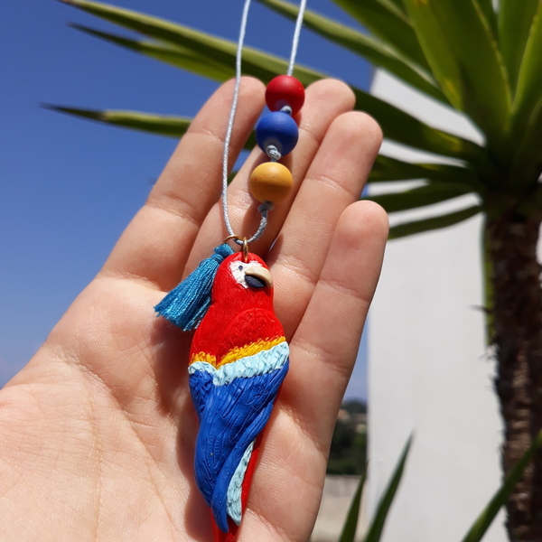 "Macaw necklace"- Χειροποίητο μακρύ κολιέ με παπαγάλο από πολυμερικό πηλό (48,5εκ.) (ατσάλι) - charms, με φούντες, χάντρες, μακριά - 3