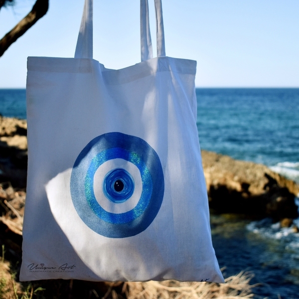 Tote bag Greek Eye | UniqueArt - ύφασμα, ώμου, all day, tote, πάνινες τσάντες - 2