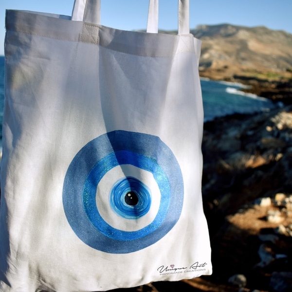 Tote bag Greek Eye | UniqueArt - ύφασμα, ώμου, all day, tote, πάνινες τσάντες - 3