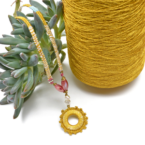 ATHINA MAILI - "SUN TALISMAN" Κολιέ με χρυσό ήλιο υφαντό κορδόνι και μαργαριτάρια - ημιπολύτιμες πέτρες, κοντά, υφαντά, boho, πέρλες