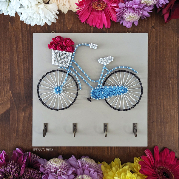 Κλειδοθήκη με καρφιά & κλωστές "Ποδήλατο" 20x20cm - λουλούδια, κλειδί, κλειδοθήκες - 2