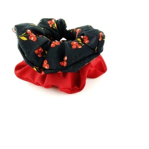 Σετ scrunchies μαύρο με κόκκινα λουλούδια και μπορντό. - λαστιχάκια μαλλιών