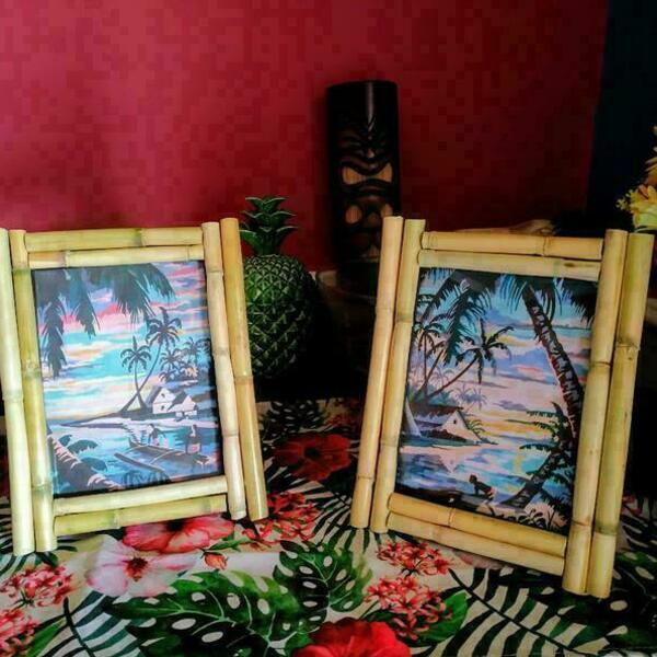 Σετ δύο εξωτικών φωτιζόμενων κορνιζών μπαμπού με θέμα νησί Ειρηνικού - vintage, πίνακες & κάδρα - 2