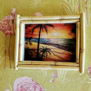 Κορνίζα ρετρό μπαμπού σκέτη με εξωτικό τοπίο ηλιοβασίλεμα - vintage, πίνακες & κάδρα