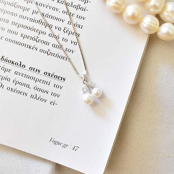Κολιέ από Ασήμι 925 με Πέρλες Swarovski Cherry Pearls - charms, ασήμι 925, δώρο, κοντά, πέρλες - 2