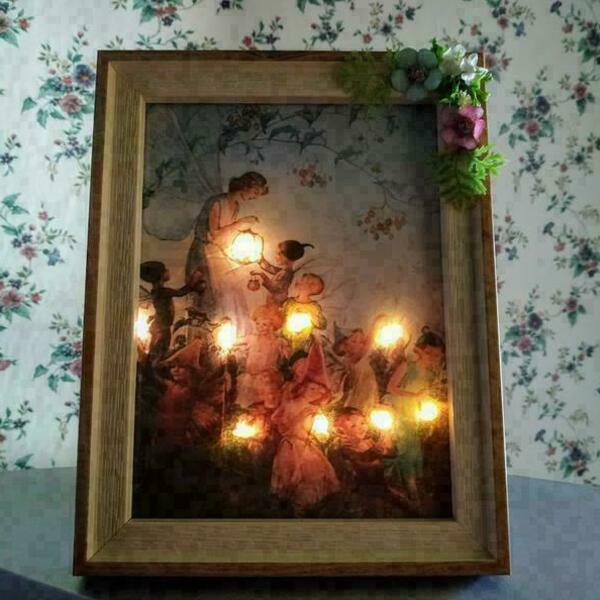 Φωτιζόμενη μαγική boho ρετρό κορνίζα με νεράιδα, ξωτικά και διακόσμηση λουλουδάκια. - vintage, δώρο, δωμάτιο παιδιών - 2