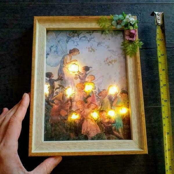 Φωτιζόμενη μαγική boho ρετρό κορνίζα με νεράιδα, ξωτικά και διακόσμηση λουλουδάκια. - vintage, δώρο, δωμάτιο παιδιών - 5