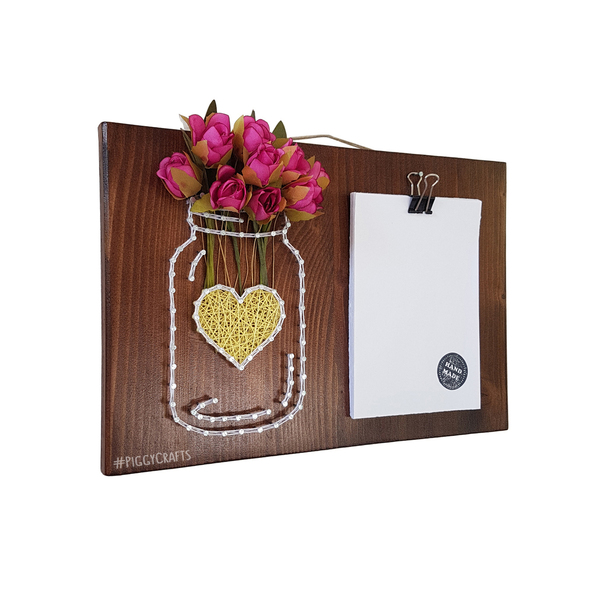 Ξύλινη βάση τοίχου για σημειωματάριο με καρφιά, κλωστές & χάρτινα λουλούδια 30x20cm - λουλούδια, διακοσμητικά, ξύλινα διακοσμητικά τοίχου - 2