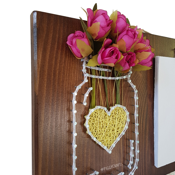 Ξύλινη βάση τοίχου για σημειωματάριο με καρφιά, κλωστές & χάρτινα λουλούδια 30x20cm - λουλούδια, διακοσμητικά, ξύλινα διακοσμητικά τοίχου - 3