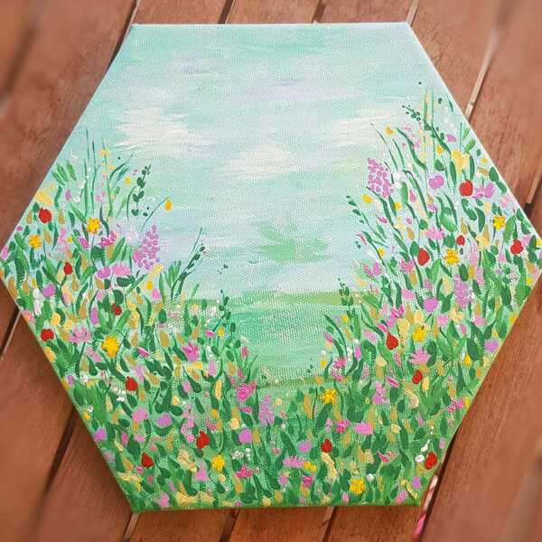 Πίνακας ζωγραφικής με λουλούδια σε εξάγωνο καμβά - πίνακες & κάδρα, καμβάς