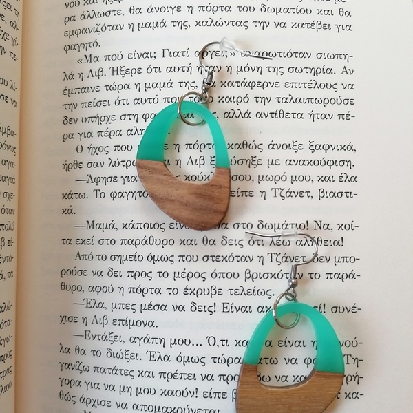Σκουλαρίκια από ξύλο τριανταφυλλιάς και τιρκουάζ ρητίνη - ξύλο - 2