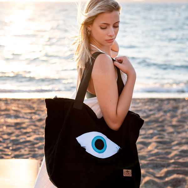 Μαύρη πετσετέ XL χειροποίητη τσάντα με μάτι - ύφασμα, μάτι, μεγάλες, evil eye - 2