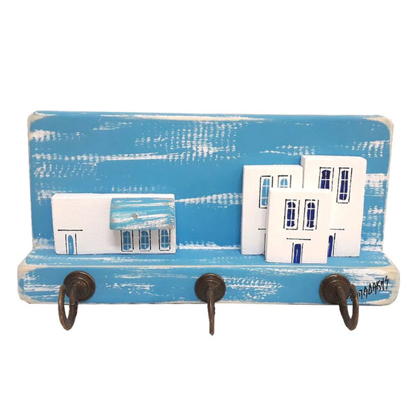 Κλειδοθήκη ξύλινη χειροποίητη ζωγραφισμένη στο χέρι Νησιώτικη γειτονιά με μαγαζάκι 18x9x5 πολύχρωμο Καπαδάκης - ζωγραφισμένα στο χέρι, χειροποίητα, κλειδοθήκες, ξύλινα διακοσμητικά τοίχου
