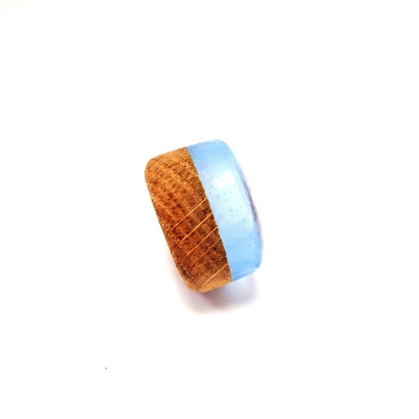 Δαχτυλίδι από υγρό γυαλί και ξύλο - Καφέ-Γαλάζιο - ξύλο, γυαλί, boho, σταθερά, μεγάλα - 2
