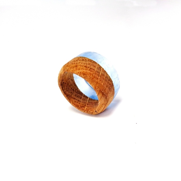 Δαχτυλίδι από υγρό γυαλί και ξύλο - Καφέ-Γαλάζιο - ξύλο, γυαλί, boho, σταθερά, μεγάλα - 4