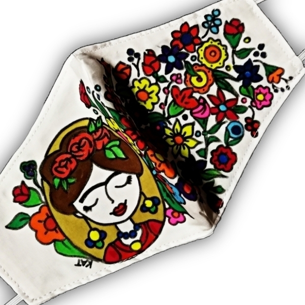 Ζωγραφισμένη στο χέρι μάσκα ΦΡΙΝΤΟΥΛΑ Λουλούδια - ύφασμα, ζωγραφισμένα στο χέρι, γυναικεία