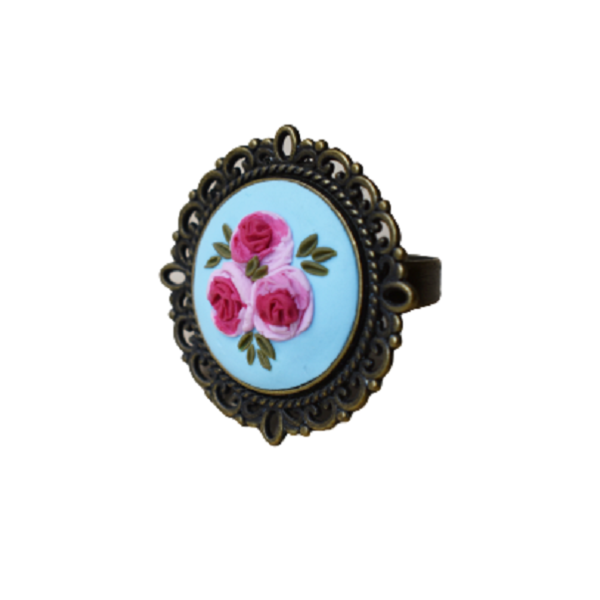 "Fairytale"- Χειροποίητο στρογγυλό vintage δαχτυλίδι (αυξομειούμενο, μπρούτζος) - vintage, πηλός, λουλούδι, μεγάλα, αυξομειούμενα - 3