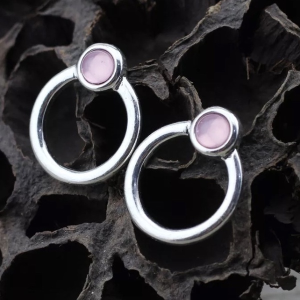Σκουλαρικια κρικακια καρφωτα - pink circle - ημιπολύτιμες πέτρες, γεωμετρικά σχέδια, πέτρες, καρφωτά, μικρά - 4