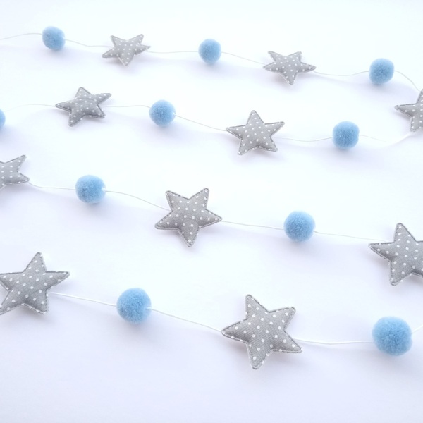 Διακοσμητική Γιρλάντα με γαλάζια Πον Πον και Υφασμάτινα Πουά Αστέρια - αγόρι, αστέρι, γιρλάντες, pom pom, αγορίστικο - 5
