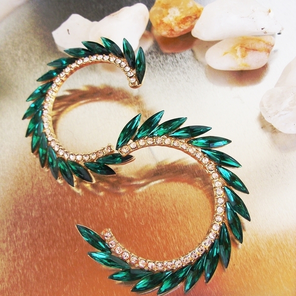 emerald rounded earrings - επιχρυσωμένα, κρίκοι, μεγάλα, faux bijoux, φθηνά