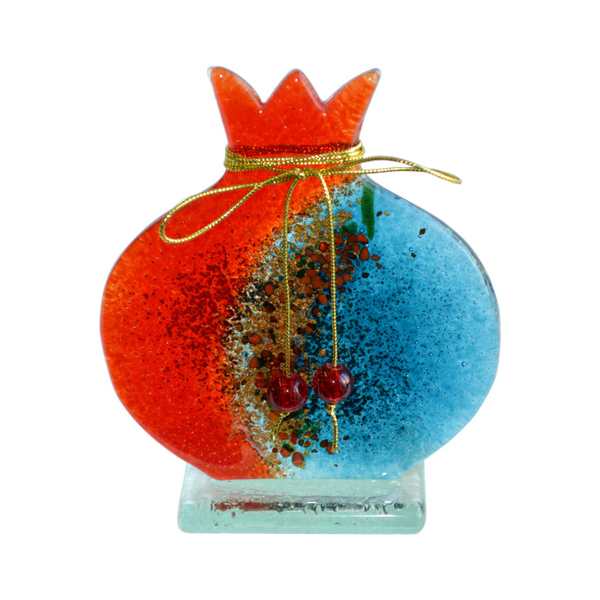 Γυάλινο Ρόδι Ρεσώ 12χ10χ6 κόκκινο γαλάζιο - amythito 065139102 - γυαλί, ρεσώ & κηροπήγια, χριστουγεννιάτικο, βάσεις για ρεσώ, διακοσμητικά