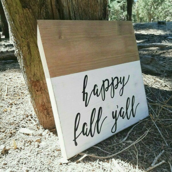 "Happy fall y'all" - Ξύλινη πινακίδα 25 × 25 εκ. για την είσοδο / το καθιστικό ( φθινόπωρο ) - πίνακες & κάδρα, χειροποίητα, ξύλινα διακοσμητικά, ξύλινα διακοσμητικά τοίχου - 3