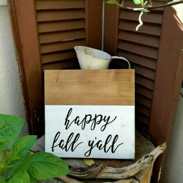 "Happy fall y'all" - Ξύλινη πινακίδα 25 × 25 εκ. για την είσοδο / το καθιστικό ( φθινόπωρο ) - πίνακες & κάδρα, χειροποίητα, ξύλινα διακοσμητικά, ξύλινα διακοσμητικά τοίχου - 4