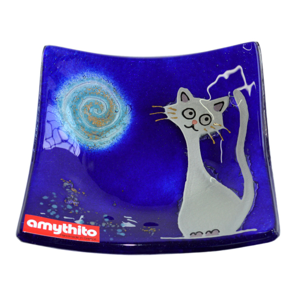 Γυάλινο Χειροποίητο Μπολάκι 17χ17χ4,5 μπλε - amythito 004129.4573 - γυαλί, βάζα & μπολ, δώρο, διακόσμηση, γάτα