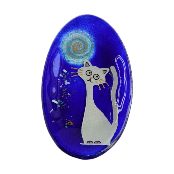 Γυάλινο Οβάλ Πιάτο Γάτα 13χ23χ2 μπλε - amythito 016233.4573 - γυαλί, γάτα, χειροποίητα, πιατάκια & δίσκοι - 2